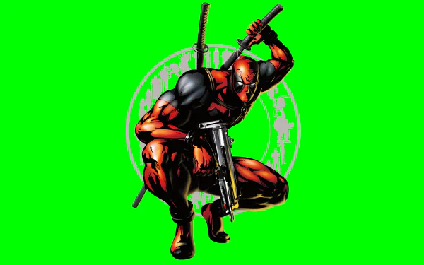 Deadpool, the Merc with a Mouth, strikes a dynamic pose wielding weapons against a vibrant green background. This 4K Ultra HD wallpaper showcases the iconic comic character.