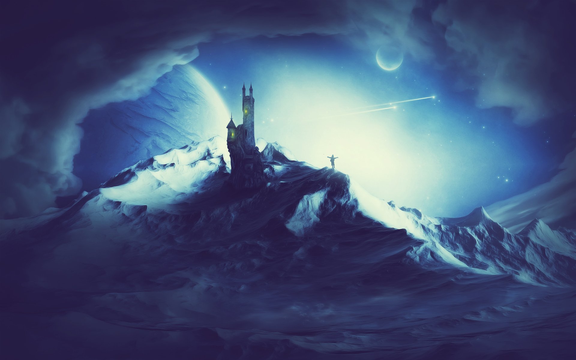 A stunning sci-fi landscape featuring a mystical tower set against a dramatic backdrop of a snowy mountain, illuminated by an ethereal glow and distant celestial bodies. HD wallpaper.