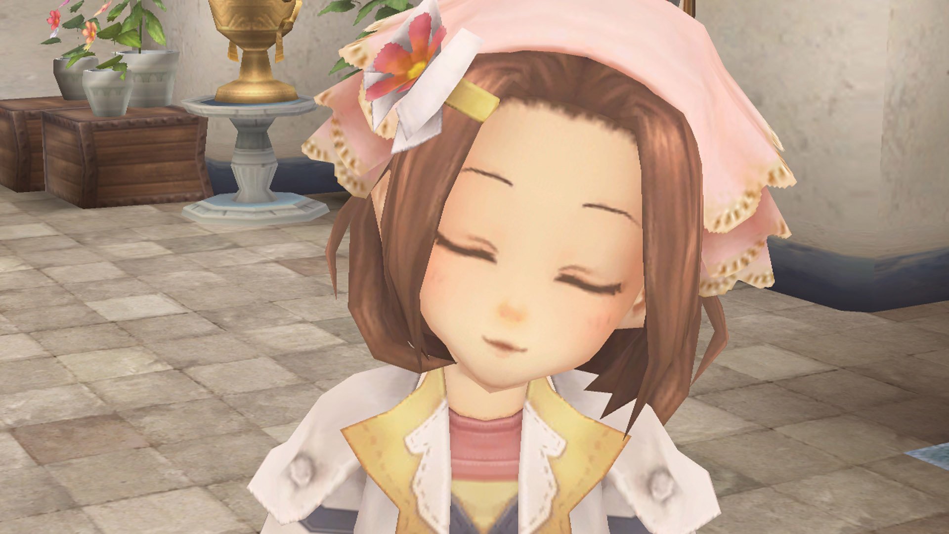 HD wallpaper featuring a character from Rune Factory: Tides of Destiny smiling with closed eyes, set against an indoor background.