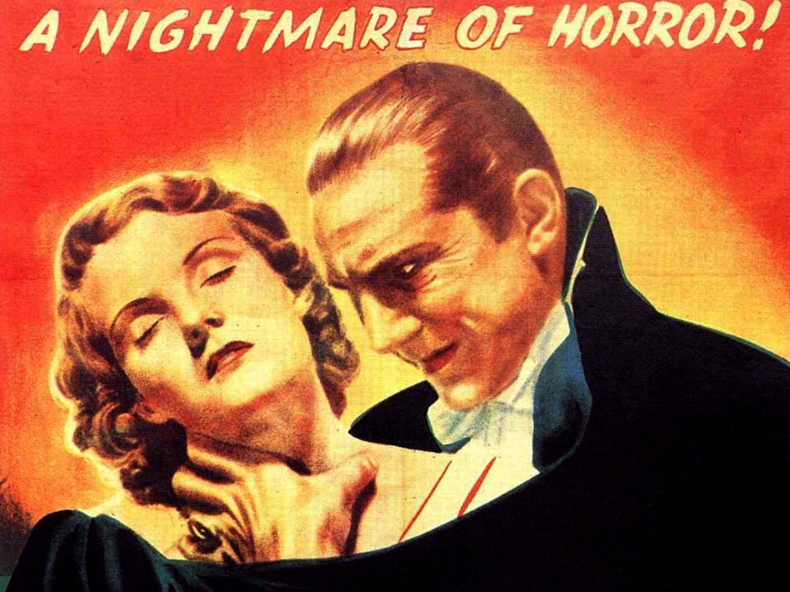 HD desktop wallpaper featuring a classic scene from the 1931 Dracula movie, showcasing Dracula menacing a woman against a fiery background.