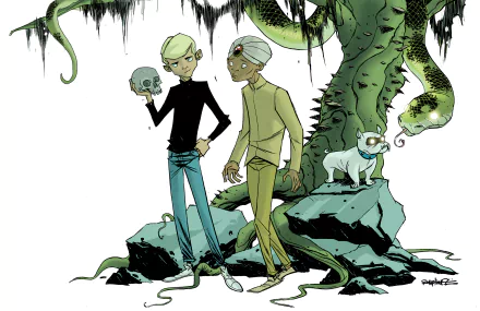 HD PC desktop wallpaper: Hadji (Future Quest) and Jonny from the TV show Jonny Quest stand on jungle rocks—one holds a skull as a large serpent coils above; a small white dog watches.