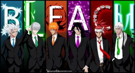 A vibrant HD wallpaper featuring Bleach characters Jūshirō Ukitake, Renji Abarai, Byakuya Kuchiki, Ichigo Kurosaki, Gin Ichimaru, and Tōshirō Hitsugaya, all dressed in suits with a colorful backdrop spelling BLEACH.