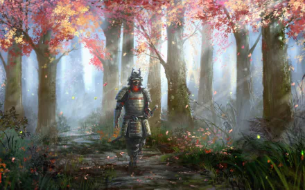 HD desktop wallpaper featuring a fantasy samurai in armor walking through a mystical forest with sunlight filtering through colorful autumn trees.