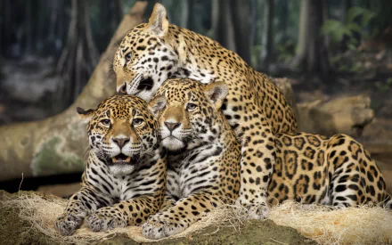 Three jaguars rest together amidst a natural backdrop, showcasing their unique spots and vibrant fur. This stunning image serves as an HD desktop wallpaper and background.