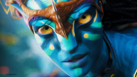 A vibrant HD desktop wallpaper featuring a character from the movie Avatar, showcasing striking blue skin, intricate facial markings, and intense yellow eyes.
