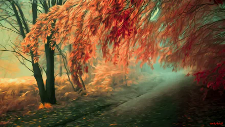 HD desktop wallpaper featuring a vivid autumnal scene with red-orange leaves on trees lining a misty path.