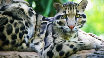 An oil painting of a clouded leopard lounging, featuring its distinct spotted fur and bright eyes, serves as a vibrant HD PC desktop wallpaper and background.