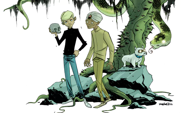 HD PC desktop wallpaper: Hadji (Future Quest) and Jonny from the TV show Jonny Quest stand on jungle rocks—one holds a skull as a large serpent coils above; a small white dog watches.