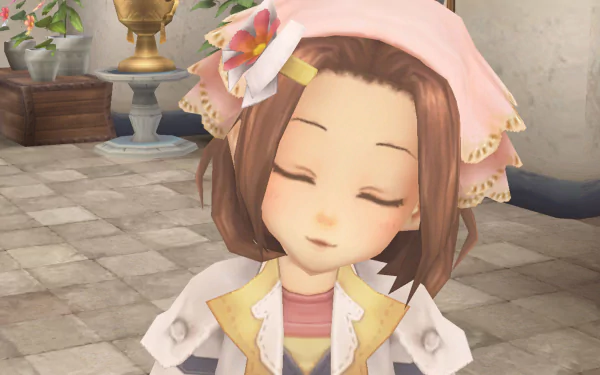 HD wallpaper featuring a character from Rune Factory: Tides of Destiny smiling with closed eyes, set against an indoor background.