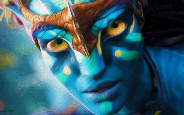 A vibrant HD desktop wallpaper featuring a character from the movie Avatar, showcasing striking blue skin, intricate facial markings, and intense yellow eyes.