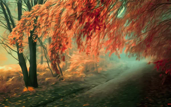 HD desktop wallpaper featuring a vivid autumnal scene with red-orange leaves on trees lining a misty path.