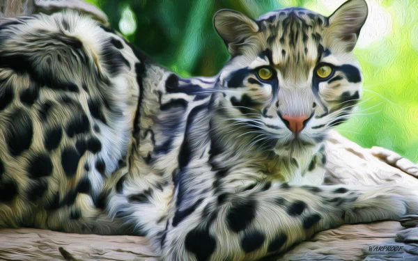 An oil painting of a clouded leopard lounging, featuring its distinct spotted fur and bright eyes, serves as a vibrant HD PC desktop wallpaper and background.