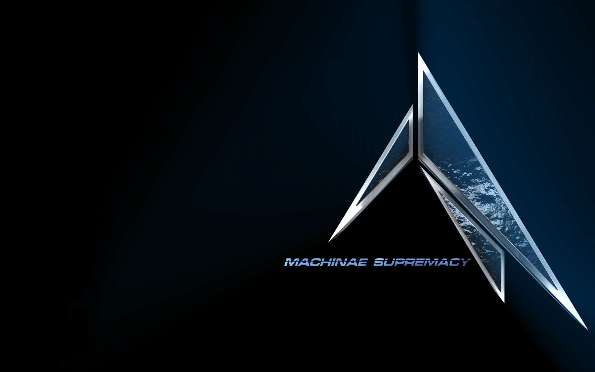 HD PC desktop wallpaper featuring a sleek, futuristic geometric design with the Machinae Supremacy logo and branding, blending music and tech aesthetics.