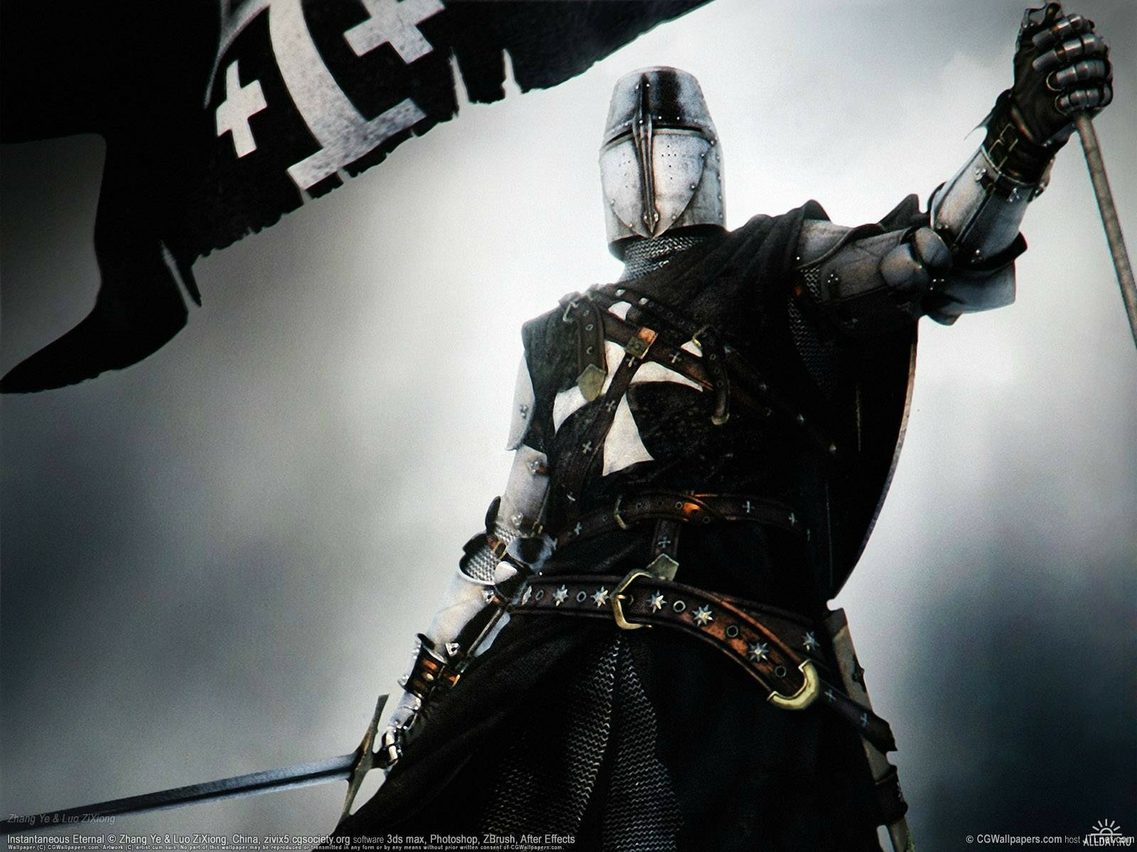 HD PC desktop wallpaper featuring a dark-armored knight from the video game Assassin's Creed: Brotherhood holding a flag against a misty background.