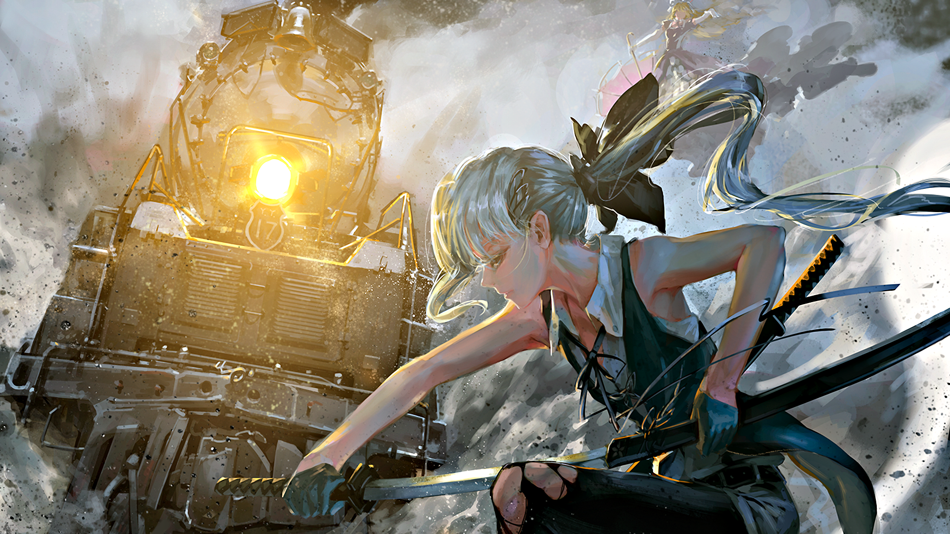 HD desktop wallpaper featuring Youmu Konpaku from Touhou, dynamically posed with a sword in front of a luminous, mechanical background.