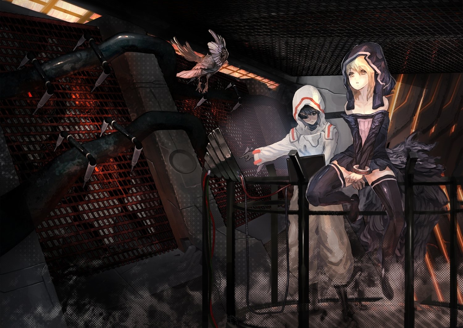 A detailed anime-inspired HD desktop wallpaper featuring two characters in a dark, industrial setting, complemented by a hovering bird, showcasing original art style and vibrant colors.