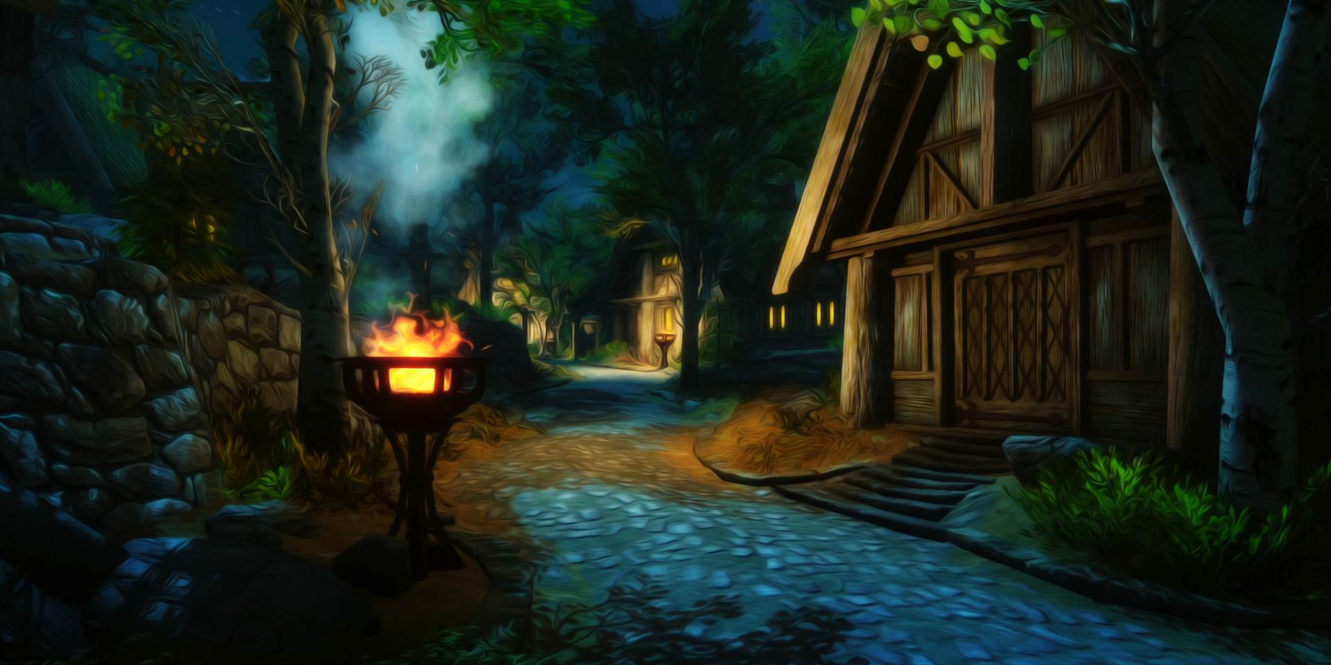 A serene night scene from The Elder Scrolls V: Skyrim, featuring a cobblestone path, cozy homes, and a glowing fire pit surrounded by lush trees, captured in vibrant HD detail.
