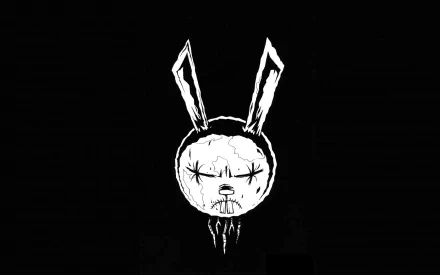 HD desktop wallpaper featuring Johnny The Homicidal Maniac comic art. The image displays a dark, minimalist design with an eerie rabbit-like figure with a stitched face on a black background.