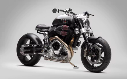 HD desktop wallpaper featuring a sleek black Confederate Motors motorcycle against a clean gray background, highlighting its modern design and powerful build.