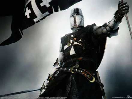 HD PC desktop wallpaper featuring a dark-armored knight from the video game Assassin's Creed: Brotherhood holding a flag against a misty background.