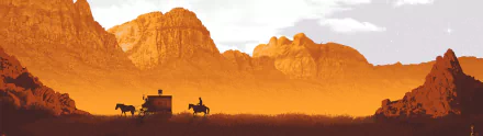 HD PC desktop wallpaper featuring a scenic desert landscape inspired by the movie Django Unchained, with a lone rider on horseback near a small building at sunset.