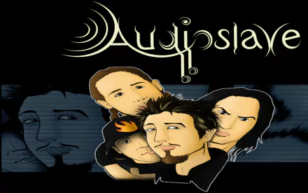 HD PC desktop wallpaper: four stylized faces beneath a decorative Audioslave logo on a dark, music-themed background.