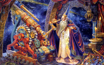 A majestic wizard stands beside an ornate telescope, gazing into a starry galaxy. This vibrant fantasy scene is an enchanting HD wallpaper for your desktop.