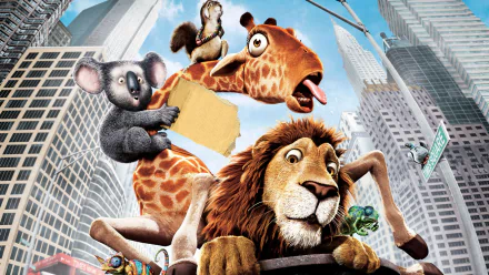 HD PC desktop wallpaper and background from the movie The Wild: a lion driving a car with a giraffe, koala and other animals bursting through a cityscape.