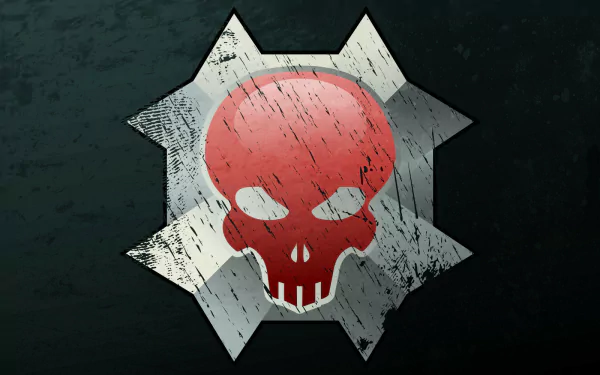HD PC desktop wallpaper featuring a worn red skull emblem on a silver gear, inspired by the video game Halo 3.