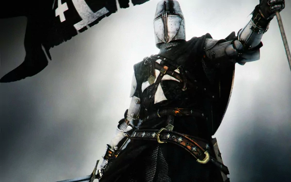 HD PC desktop wallpaper featuring a dark-armored knight from the video game Assassin's Creed: Brotherhood holding a flag against a misty background.