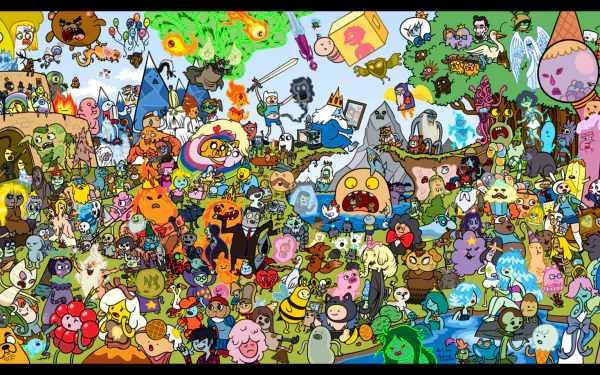 HD desktop wallpaper featuring a colorful and chaotic scene from the TV show Adventure Time, with various characters engaged in whimsical activities.
