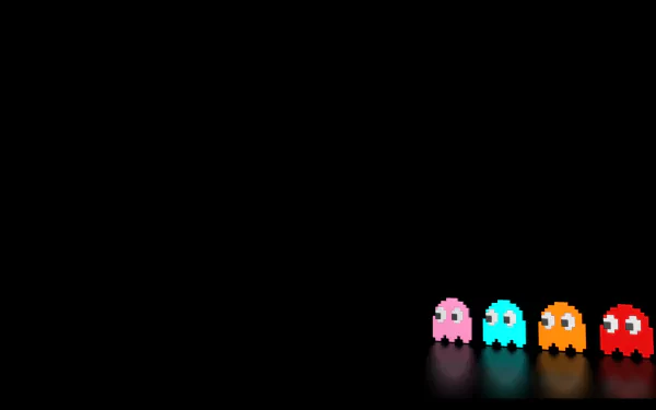 HD PC desktop wallpaper featuring classic Pac-Man video game ghosts in pink, blue, orange, and red against a solid black background.