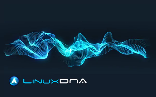 A sleek HD desktop wallpaper featuring fluid, glowing blue waves with the LinuxDNA logo, emphasizing a modern aesthetic in technology and Linux themes.