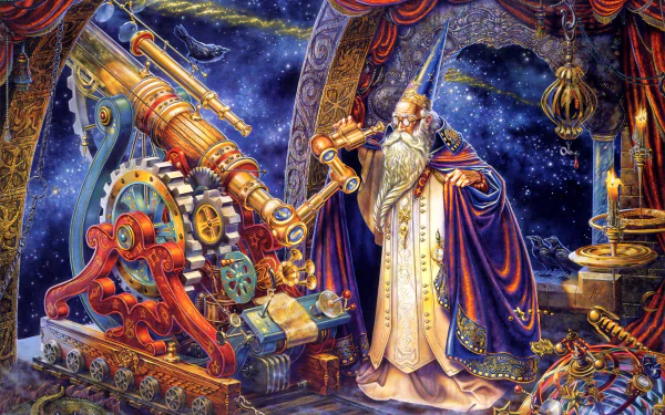 A majestic wizard stands beside an ornate telescope, gazing into a starry galaxy. This vibrant fantasy scene is an enchanting HD wallpaper for your desktop.