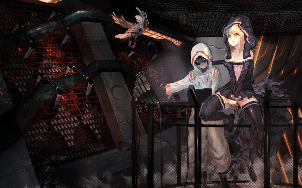 A detailed anime-inspired HD desktop wallpaper featuring two characters in a dark, industrial setting, complemented by a hovering bird, showcasing original art style and vibrant colors.