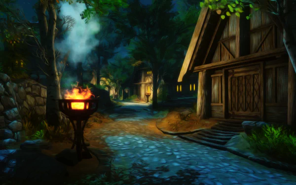 A serene night scene from The Elder Scrolls V: Skyrim, featuring a cobblestone path, cozy homes, and a glowing fire pit surrounded by lush trees, captured in vibrant HD detail.