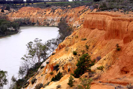 4K Ultra HD PC desktop wallpaper: Murray River winding past ochre sandstone cliffs with scattered eucalyptus trees, a vivid river nature landscape.