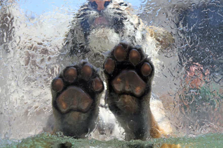A high-definition desktop wallpaper of a tiger's paws pressed against a glass pane, creating a striking close-up view with a misty texture.