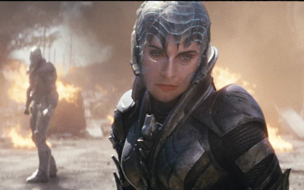 HD PC desktop wallpaper featuring a character in futuristic armor from the movie Man of Steel, set against a smoky, war-torn background.
