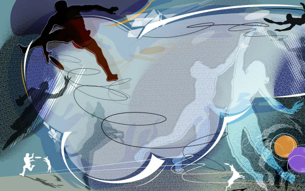 Abstract 2K Quad HD PC desktop wallpaper showing dynamic silhouettes and motion trails of discus and discus throw athletes in a stylized sports composition.