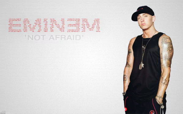 Eminem stands confidently in a black tank top, with EMINEM and NOT AFRAID prominently displayed. This HD desktop wallpaper captures his iconic music persona.