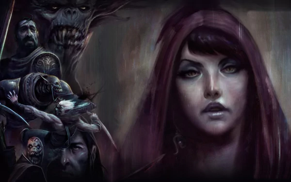 HD PC desktop wallpaper featuring dark, atmospheric artwork from the video game Dragon Age: Origins, highlighting a mysterious hooded woman and shadowy figures in the background.
