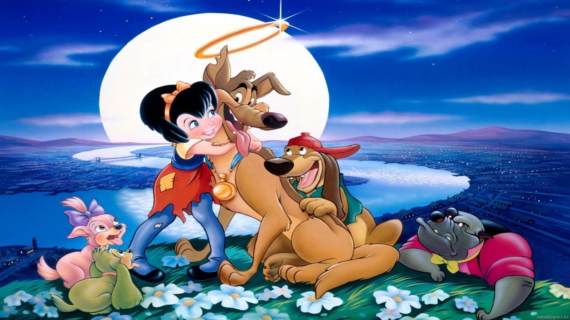 HD PC desktop wallpaper featuring characters from the movie All Dogs Go to Heaven under a glowing moonlit sky with flowers and a distant cityscape.