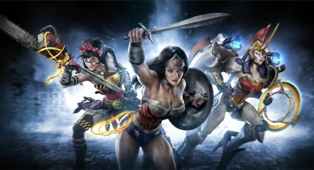 4K Ultra HD PC desktop wallpaper featuring Wonder Woman and allies in dynamic poses, inspired by the Comic Infinite Crisis series.