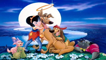 HD PC desktop wallpaper featuring characters from the movie All Dogs Go to Heaven under a glowing moonlit sky with flowers and a distant cityscape.