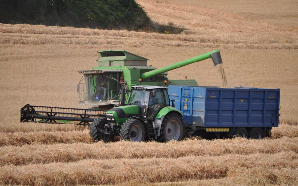 HD PC desktop wallpaper showing a Deutz-Fahr tractor and combine harvester working in a golden wheat field during harvest.
