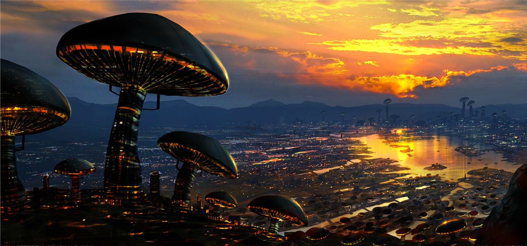 A stunning fantasy cityscape at sunset, featuring futuristic mushroom-shaped structures overlooking shimmering water and distant mountains, creating a vibrant and imaginative atmosphere.