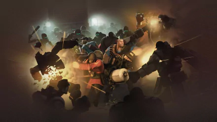 HD PC desktop wallpaper featuring dynamic characters from the video game Team Fortress 2 engaged in action-packed battle scenes.