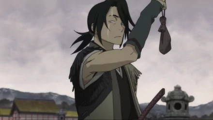 HD Anime desktop wallpaper from Sword of the Stranger, featuring a dark-haired samurai holding a small pouch against a cloudy sky and traditional Japanese buildings.