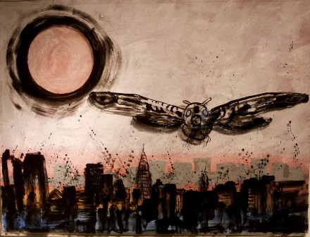 HD PC desktop wallpaper and background: movie Mothra soars over a gritty painted city skyline beneath a blood-red sun, sketchy brushstrokes and moody dusk colors.